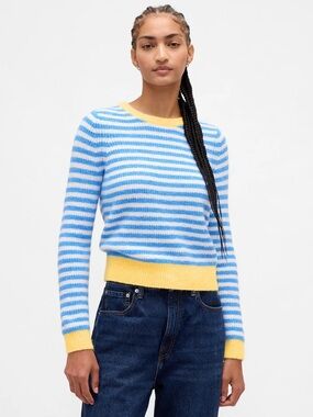 Gap Blue and Butter Yellow Striped Cozy Crewneck Sweater Sz M